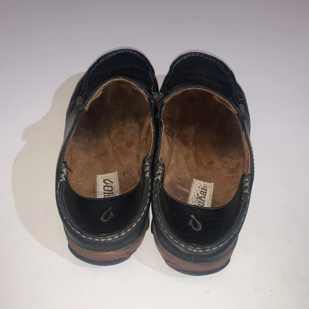 OluKai Moloa Shoes Mens Size 8 Black Leather Slip On Loafers Casual Comfort